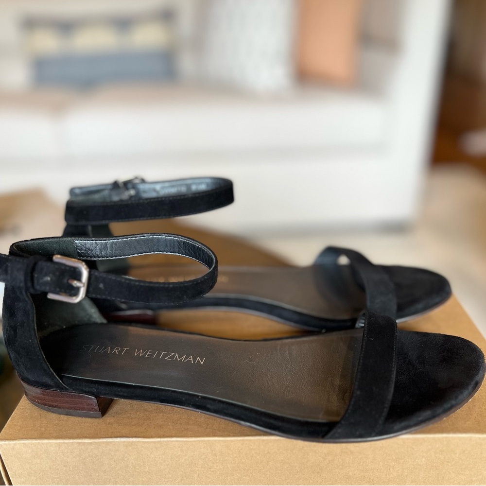 Stuart Weitzman Black Suede Sandals with ankle strap and buckle, size 8.5